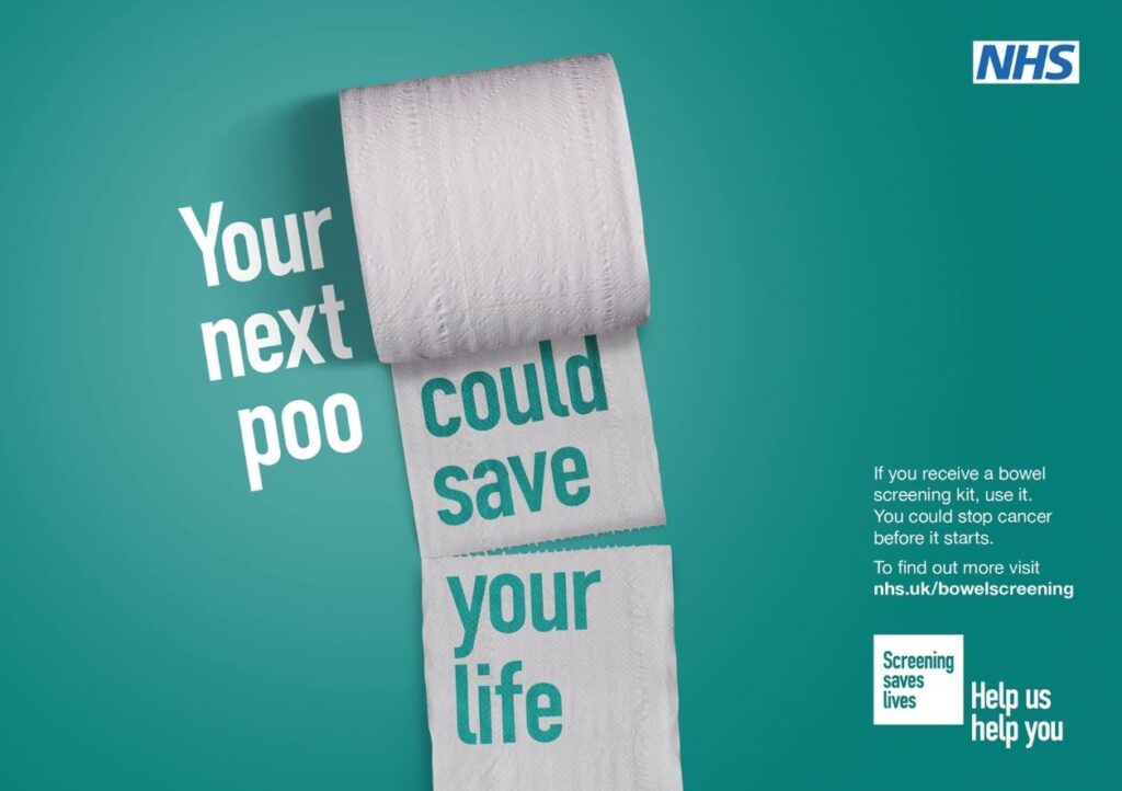 NHS bowel cancer screening image of a toilet roll with the following text 'your next poo could save your life'
