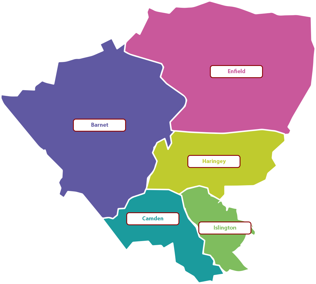 A map of North Central London with borough labels of Enfield, Barnet, Haringey, Camden and Islington