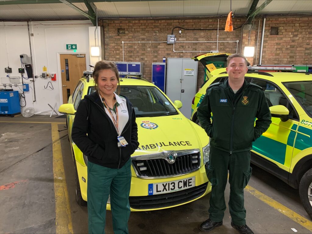 Two ambulance staff members stood in front of an urgent response car