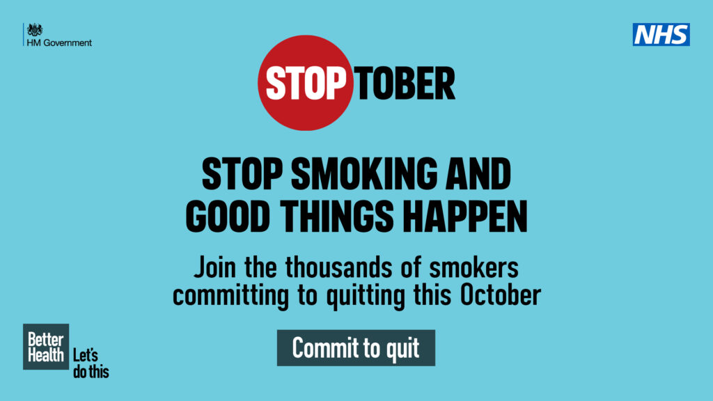Stoptober logo with the following text: Stop Smoking and Good things happen. Join the thousands of smokers committing to quitting this October. Commit to Quit.