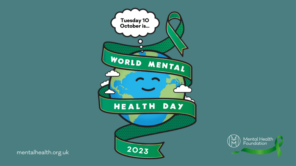 a cartoon of a planet with a green ribbon around it including the following text: World Mental Health Day 2023