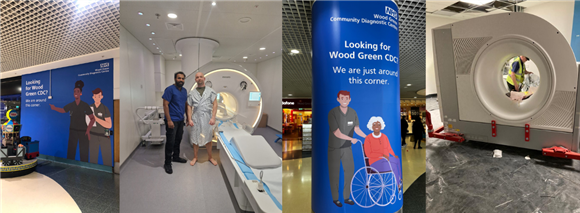 A montage of four images, the entrance of Wood Green CDC, a photo of a patient after receiving a MRI scan, a banner promoting Wood Green CDC, a photo of the MRI scanner