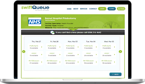 The screen of the SwiftQueue booking system for blood tests