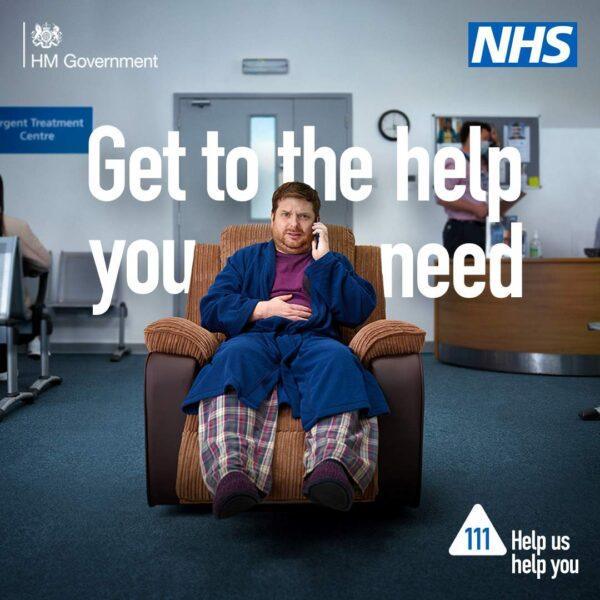 A man on an armchair looking unwell. His hand is on his tummy while holding a phone to his ear. Armchair is in the middle of an urgent treatment centre waiting room. The text reads: "Get to the help you need" Help us help you logo. NHS logo.