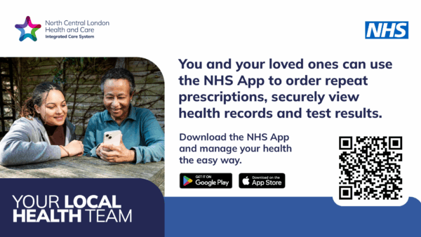 Advert for NHS App showing two people looking at the NHS App with the text, "You and your loved ones can use the NHS App to order repeat prescriptions, securely view health records and test results. Download the NHS App and manage your health the easy way." Google Play logo and App store logo included.