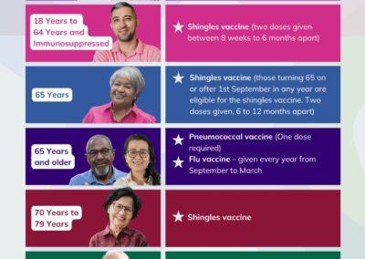 A table of Adult vaccinations. For an accessible version, search online for NHS adult vaccination schedule.